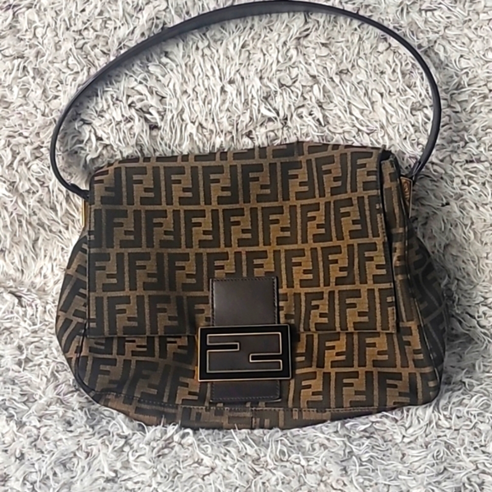 Authentic FENDI Zucca Shoulder Bag one Mamma Baguette canvas brown